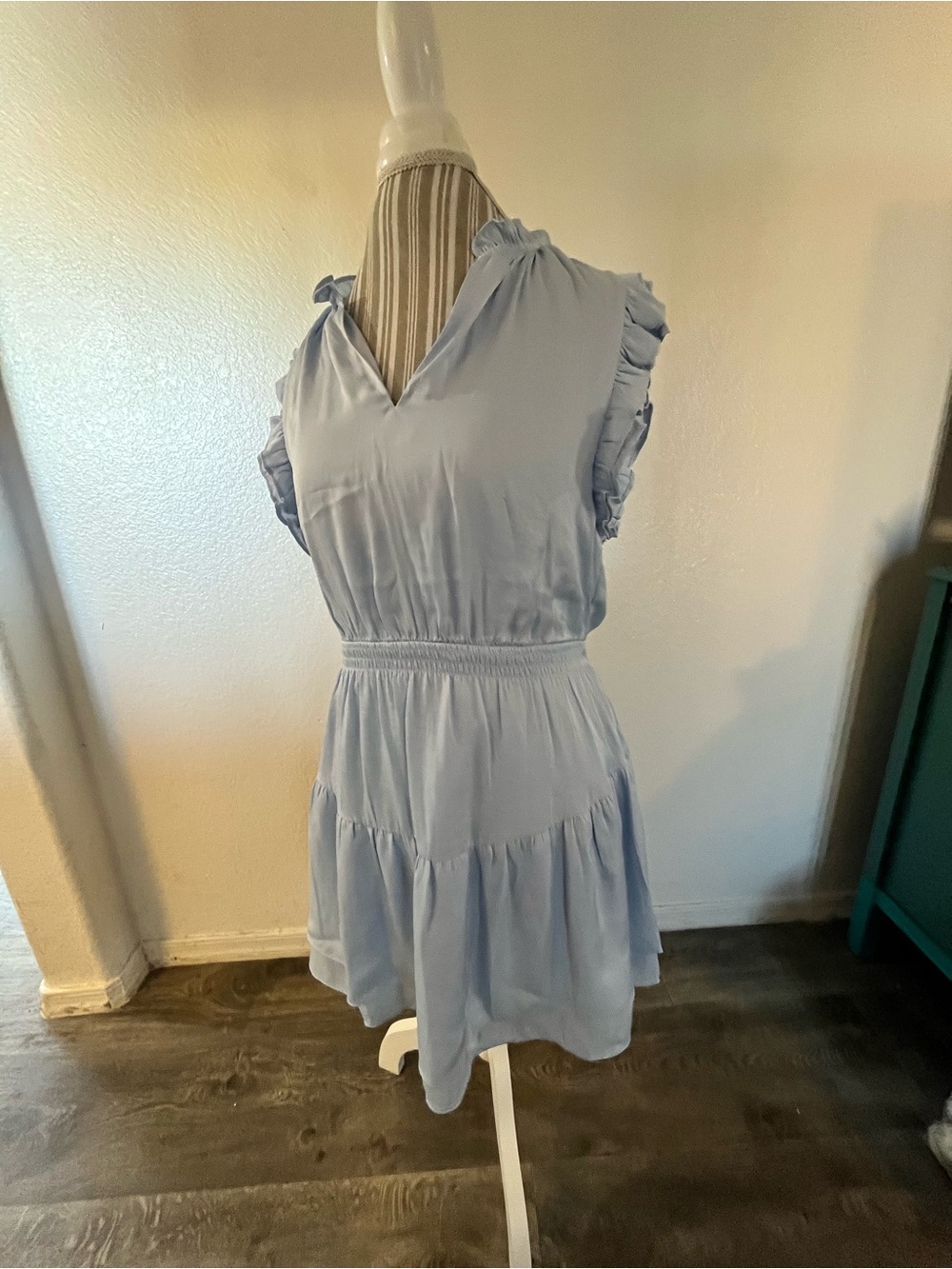 Steve Madden Pale Blue Ruffle Sleeve Tiered Mini Dress
